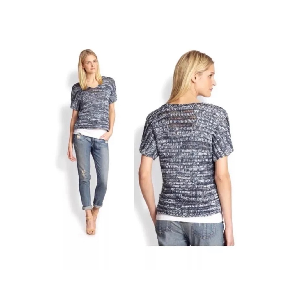 Eileen Fisher Brushstroke Sweater Womens M Blue V Neck Short Sleeve